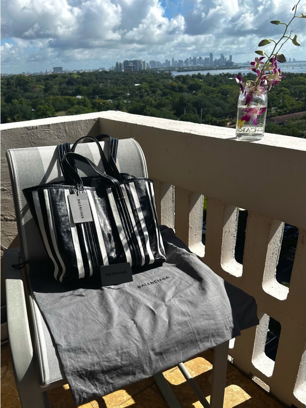 Balenciaga Barbes East-West Shopper Tote Black White Striped Leather Bag